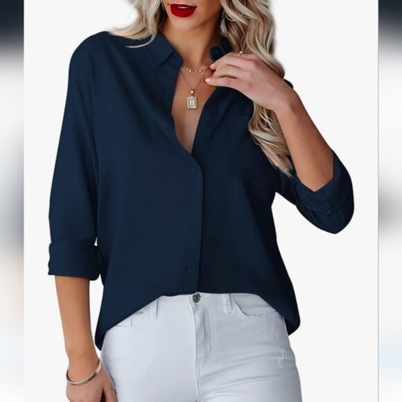 HELLOBABY | Women's Dark Navy Long Sleeved Button Down Lightweight Blouse - Picture 1 of 8